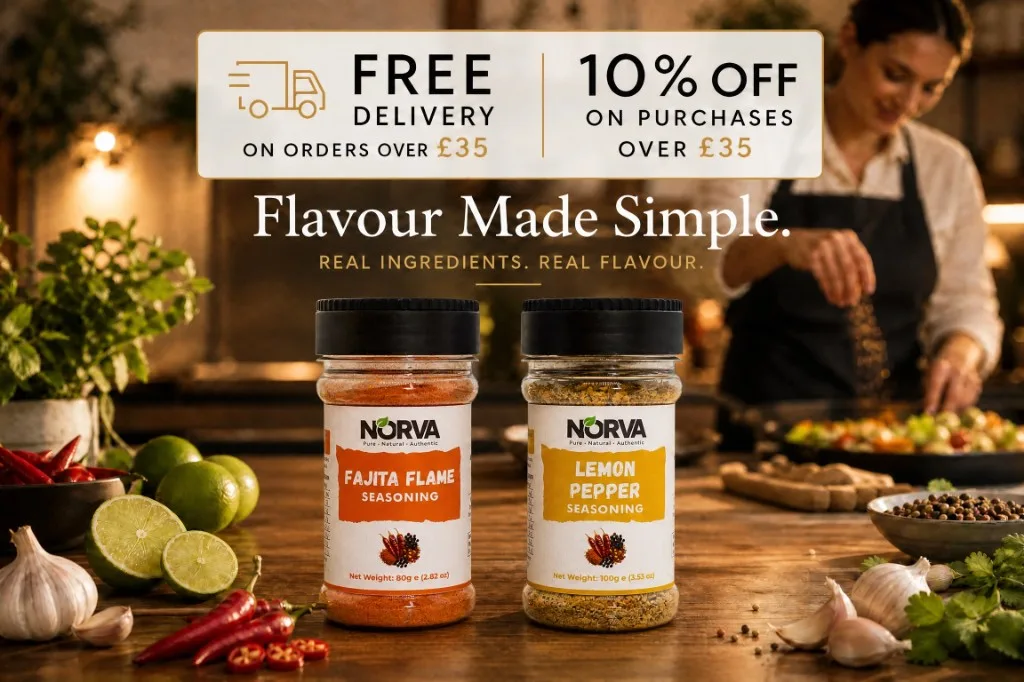 Norva Foods - Fajita Flame and Lemon Pepper seasonings for everyday cooking. Free delivery and 10% off on orders over £35.