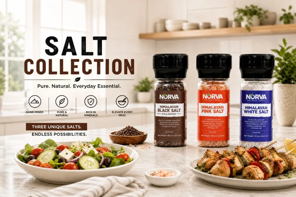 Norva Salt Collection - Himalayan Black, Pink and White salt grinders for everyday cooking.